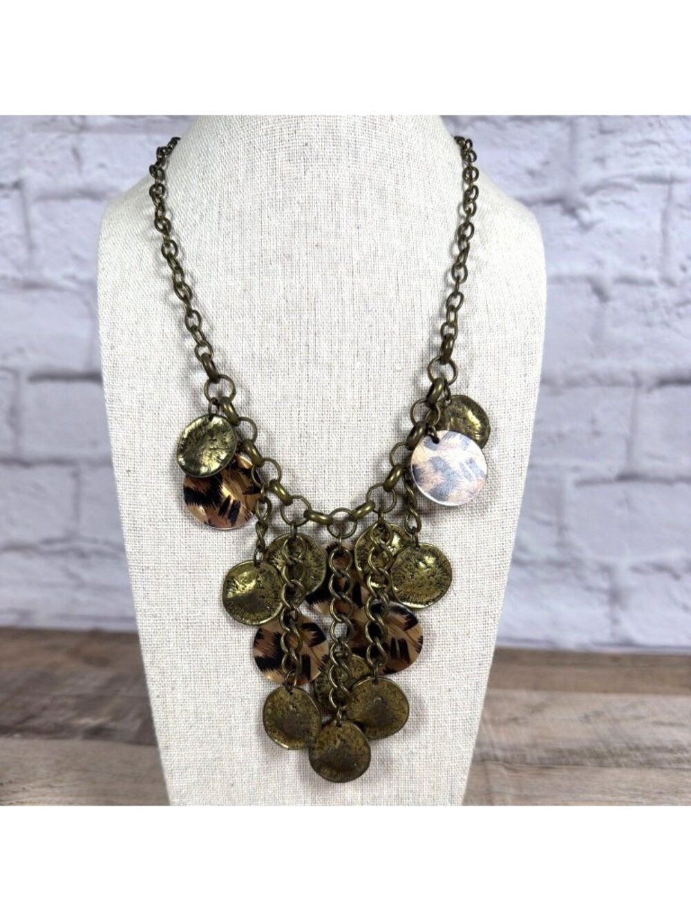 VTG Artisan Safari Leopard Print Statement Bib Necklace Earring Set Boho Chic - Picture 4 of 11
